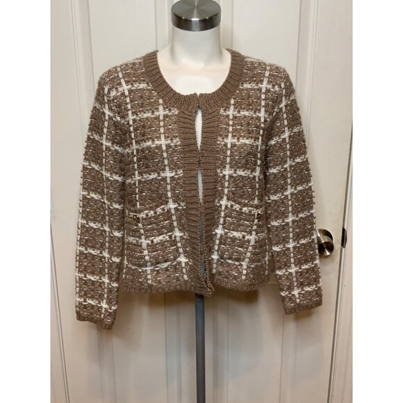 Rebecca Taylor Sweaters - Rebecca Taylor Brown White Metallic Silver Knit Button Cardigan W/Pockets Size 6